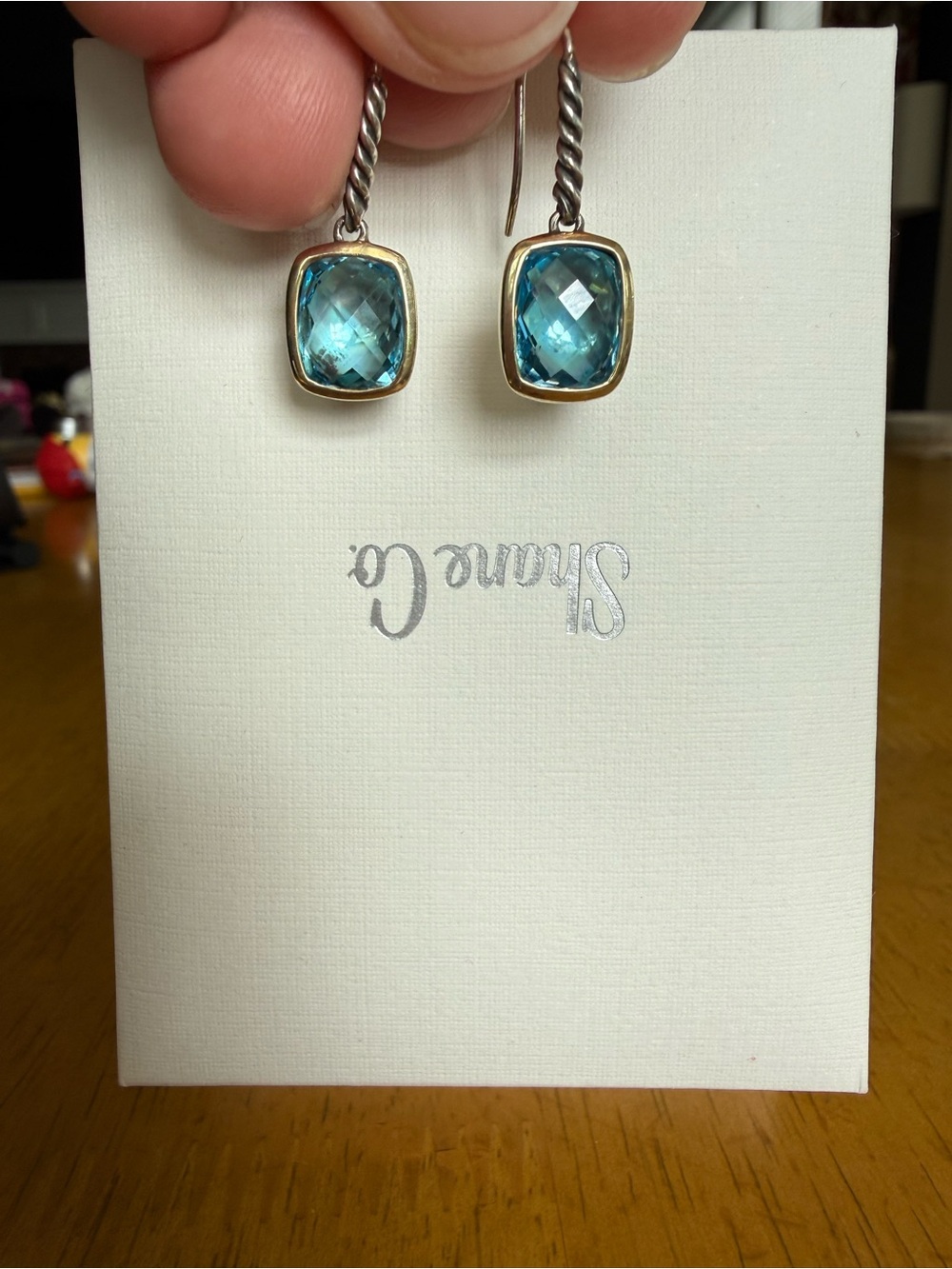 David Yurman Blue Topaz Cushion Drop Earrings with Twisted Sterling Hooks